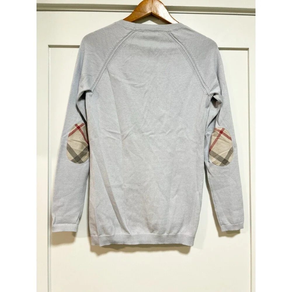 Burberry Nova Check Cardigan Sweater Cashmere Blend Elbow Patches Sky Blue